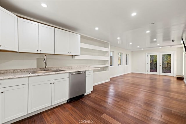 kitchen with sink, white cabinets, dishwasher, and french doors