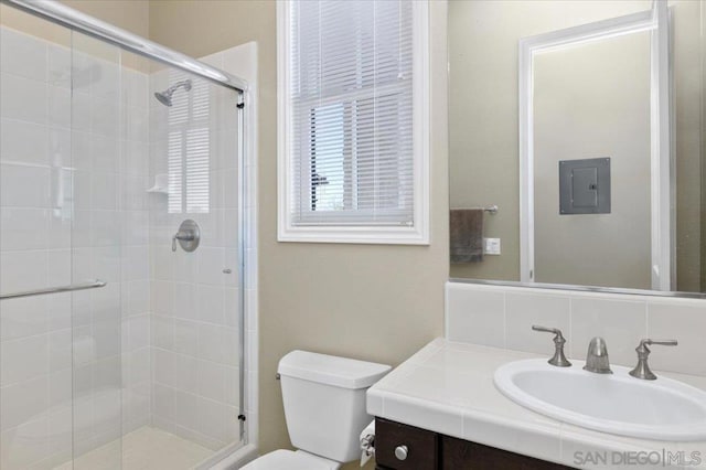 bathroom featuring decorative backsplash, an enclosed shower, electric panel, and toilet