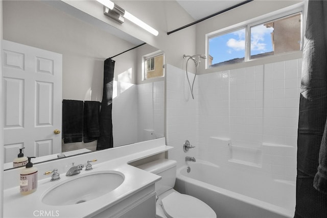 full bathroom with shower / bathing tub combination, vanity, and toilet