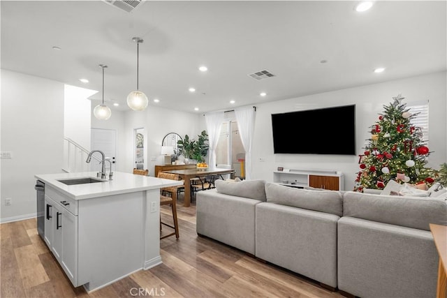 living room featuring light hardwood / wood-style floors and sink