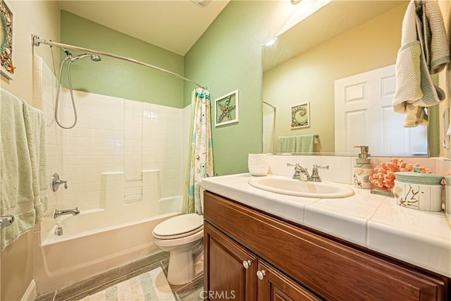 full bathroom with toilet, vanity, and shower / bath combination with curtain