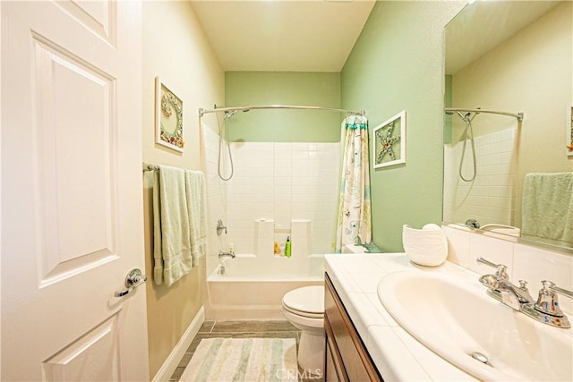 full bathroom featuring toilet, tile patterned floors, shower / bath combo, and vanity