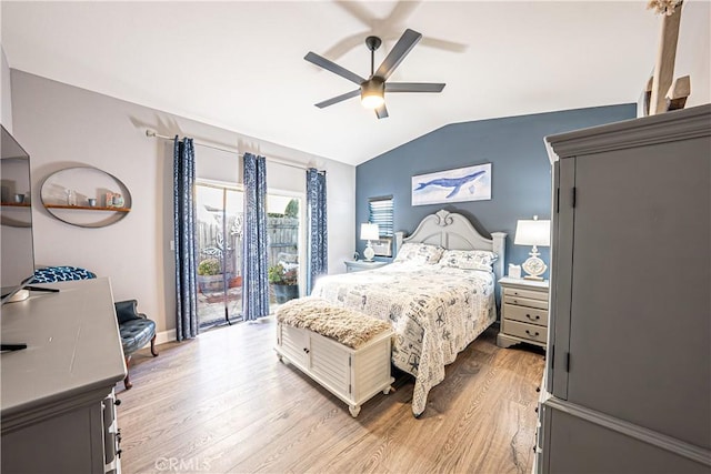 bedroom with ceiling fan, lofted ceiling, access to outside, and light hardwood / wood-style flooring