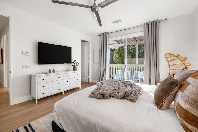 bedroom with access to exterior, ceiling fan, and light wood-type flooring