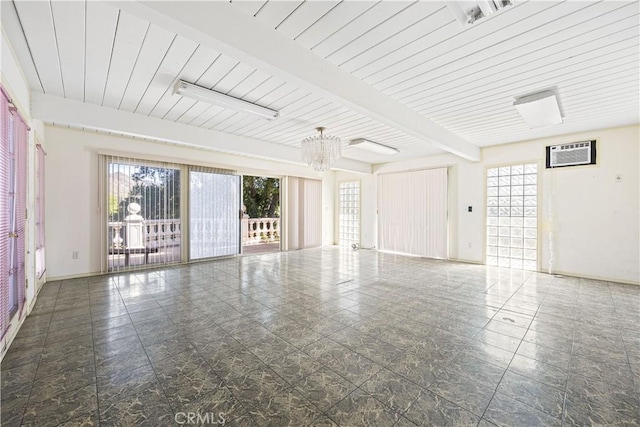 17113 Lisette St, Granada Hills, CA 91344 - spare room featuring beamed ceiling, baseboards, tile patterned flooring, and a wall unit AC