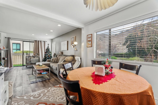 dining area with hardwood / wood-style flooring and a healthy amount of sunlight