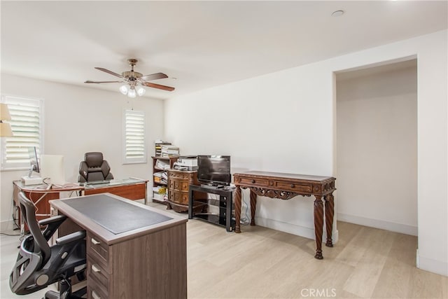 office area featuring ceiling fan and light hardwood / wood-style floors