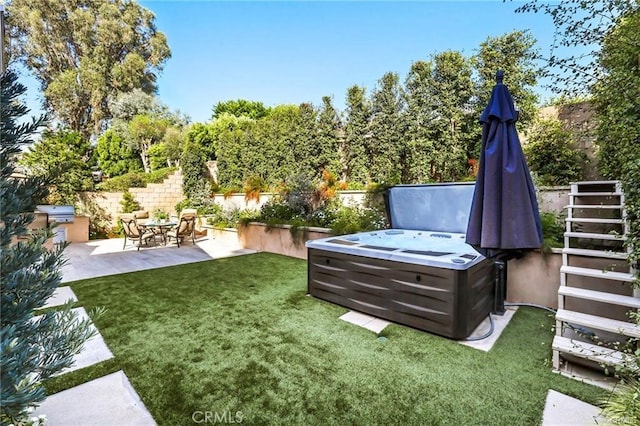 view of yard with a hot tub and a patio area