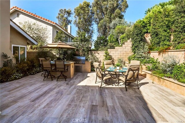 wooden terrace with area for grilling and an outdoor bar