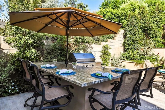 view of patio / terrace with a bar, a grill, and area for grilling