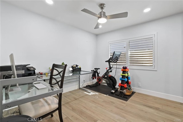 office space featuring ceiling fan and wood-type flooring