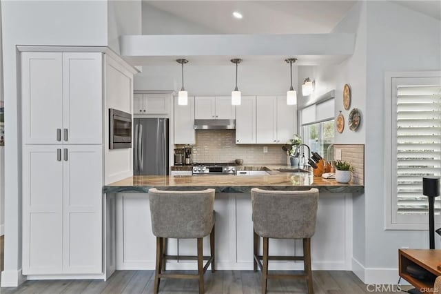 kitchen featuring white cabinetry, kitchen peninsula, stainless steel appliances, decorative backsplash, and sink