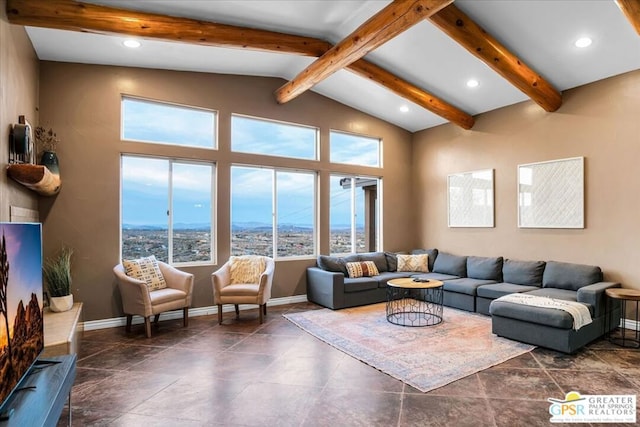 living room featuring lofted ceiling with beams and a mountain view