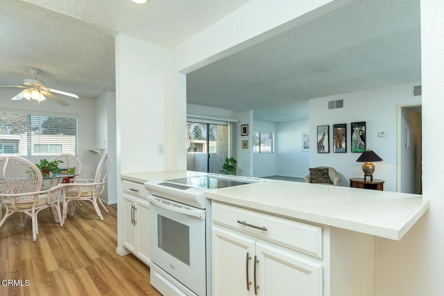 kitchen with electric stove, a wealth of natural light, white cabinetry, and light hardwood / wood-style floors