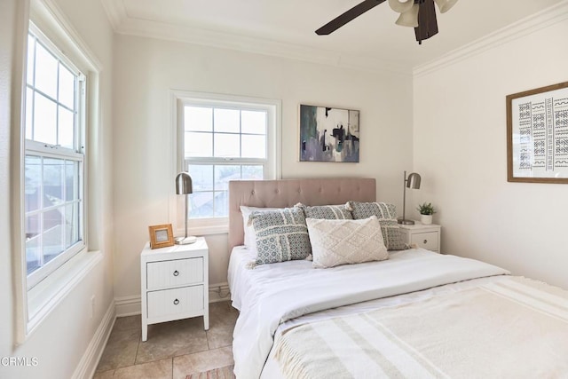 bedroom with ceiling fan, multiple windows, and light tile patterned flooring