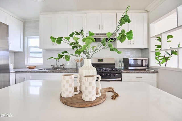 kitchen with white cabinets, decorative backsplash, sink, and stainless steel appliances