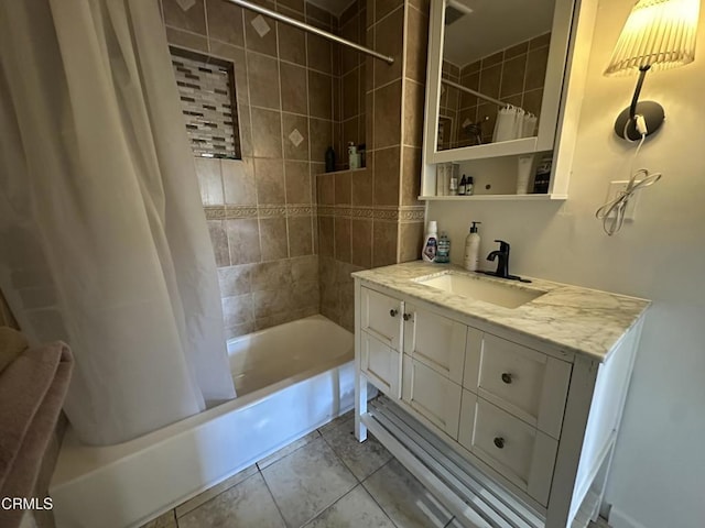 bathroom with vanity, tile patterned flooring, and shower / tub combo with curtain