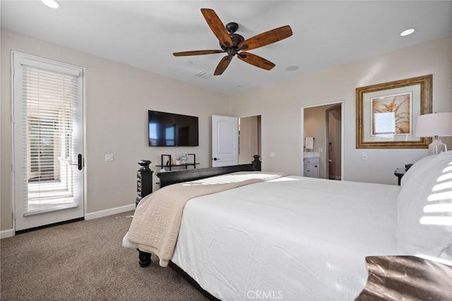 carpeted bedroom featuring ceiling fan, access to exterior, and ensuite bathroom