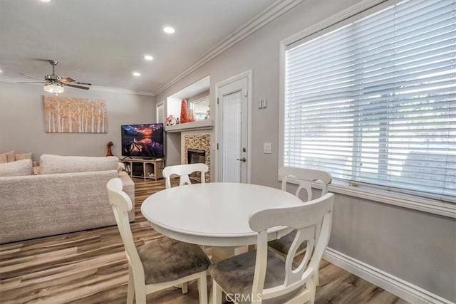 dining space featuring ceiling fan, ornamental molding, a fireplace, and hardwood / wood-style flooring