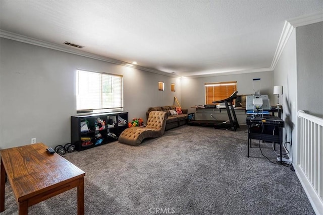 living room with crown molding and carpet flooring