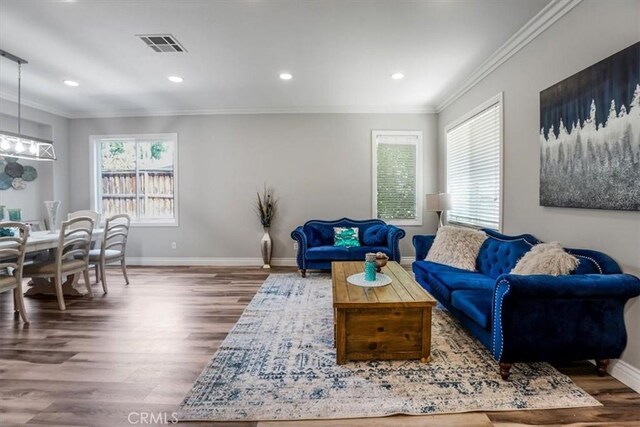 living room featuring plenty of natural light, dark hardwood / wood-style flooring, and crown molding