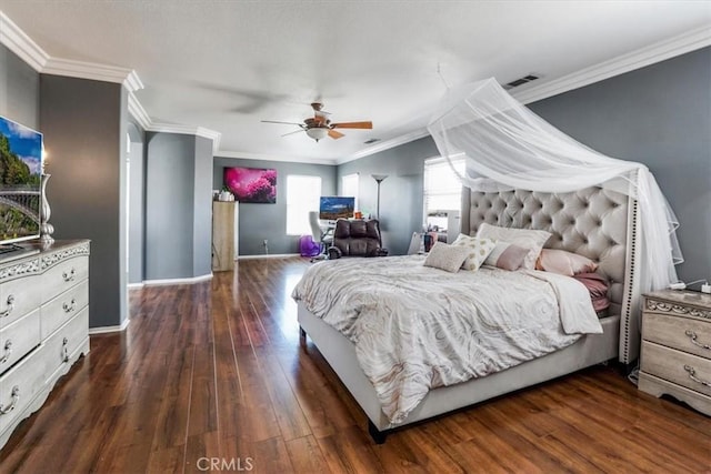 bedroom featuring vaulted ceiling, ceiling fan, ornamental molding, and dark hardwood / wood-style flooring