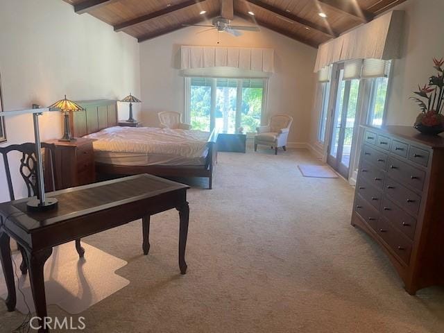 carpeted bedroom with wooden ceiling, access to exterior, vaulted ceiling with beams, and ceiling fan