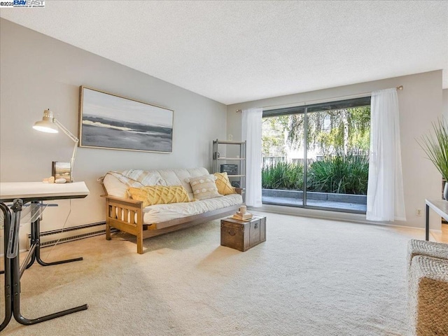 carpeted living room with a textured ceiling and baseboard heating