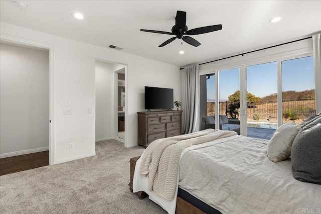 bedroom featuring ceiling fan, access to exterior, and carpet