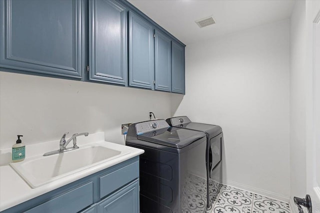 laundry area featuring cabinets, independent washer and dryer, and sink