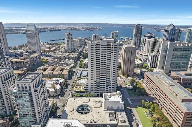 birds eye view of property featuring a water view