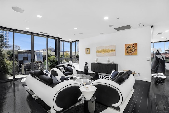 living room featuring a healthy amount of sunlight, dark hardwood / wood-style flooring, and a wall of windows