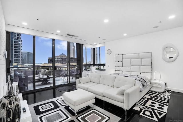 living room with a wall of windows and dark hardwood / wood-style floors