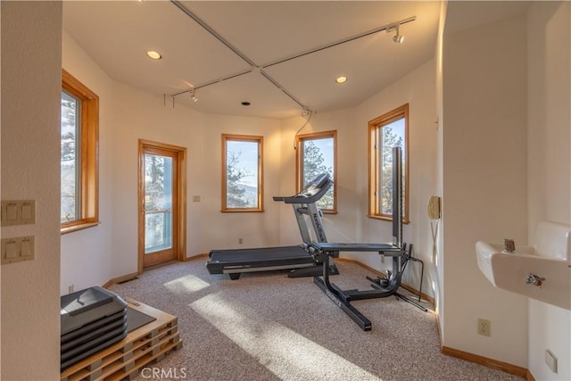 exercise room with carpet floors and rail lighting