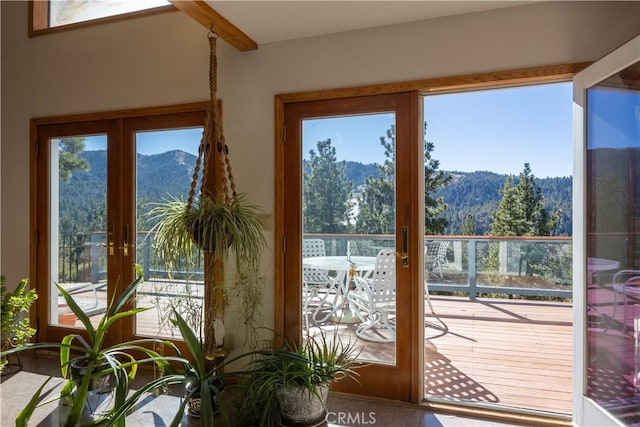 entryway with a mountain view, plenty of natural light, and french doors