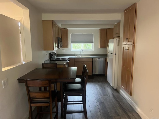 kitchen with sink, appliances with stainless steel finishes, and dark hardwood / wood-style flooring