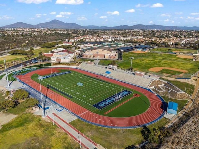 drone / aerial view featuring a mountain view