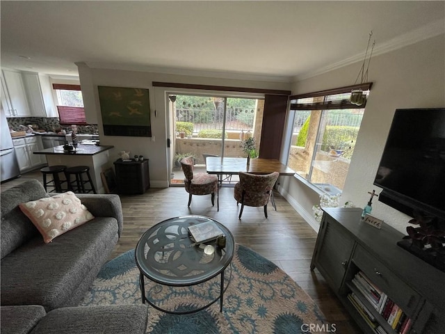 living room with a healthy amount of sunlight, crown molding, and light hardwood / wood-style floors