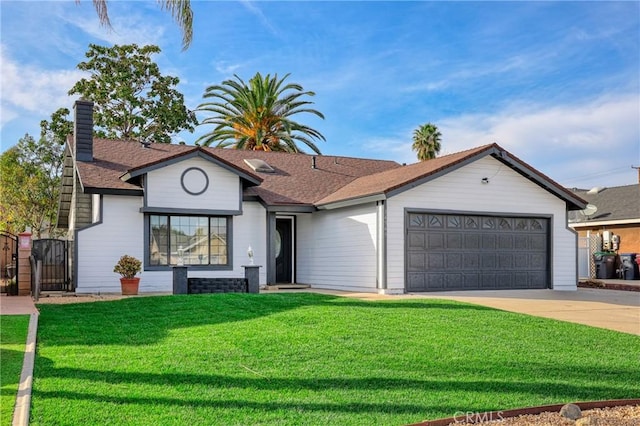 ranch-style house with a front yard and a garage