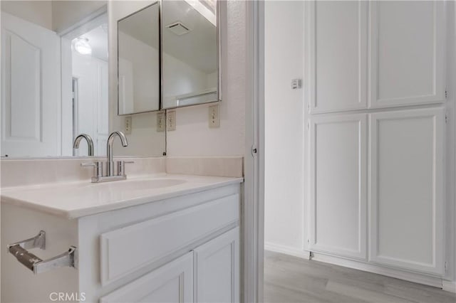 bathroom with hardwood / wood-style flooring and vanity