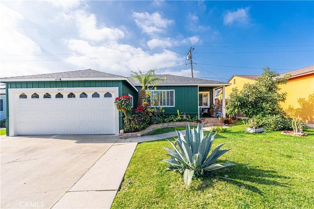 ranch-style house with a front yard and a garage