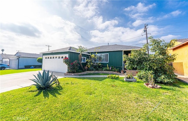 single story home with a garage and a front lawn