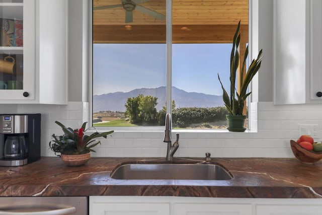 kitchen featuring tasteful backsplash, a mountain view, sink, and white cabinets