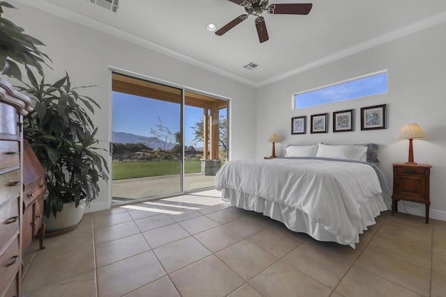 bedroom with light tile patterned flooring, ceiling fan, access to exterior, and crown molding