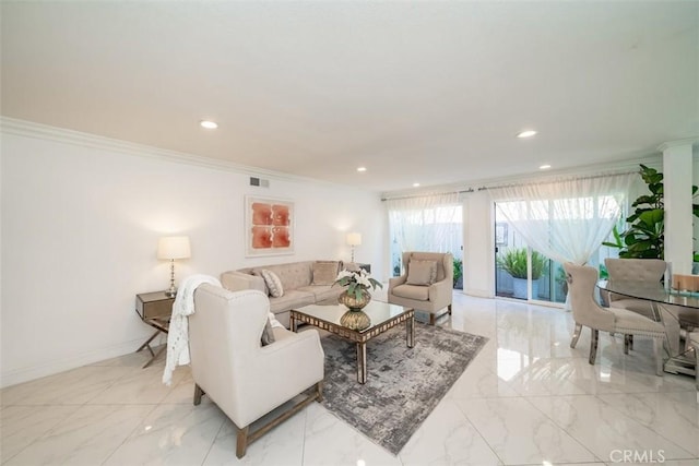 living room featuring ornamental molding