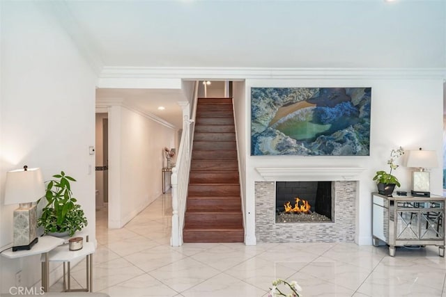 living room featuring a fireplace and ornamental molding