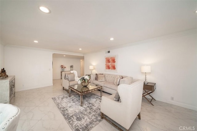 living room featuring crown molding