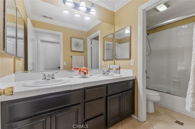 full bathroom with enclosed tub / shower combo, tile patterned flooring, vanity, and ornamental molding