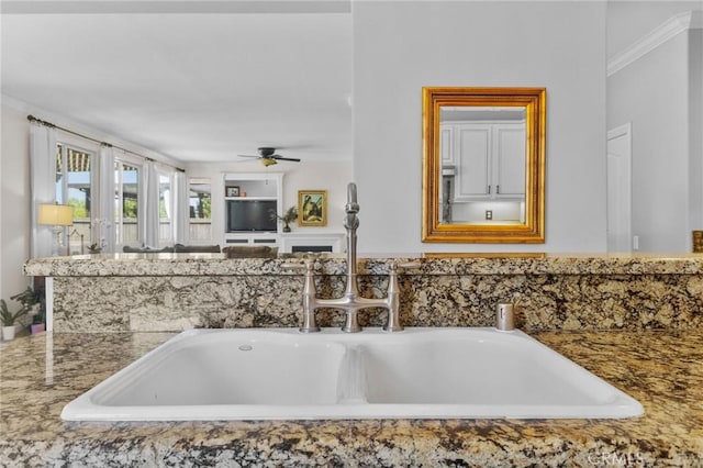 bathroom featuring ceiling fan, sink, and ornamental molding