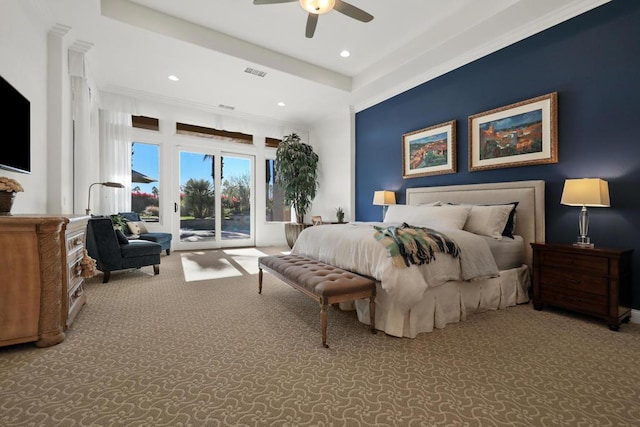 carpeted bedroom featuring access to exterior, crown molding, and ceiling fan